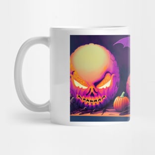 Digital Art of Pumpkins, Skulls, and Bats Sitting on Top of Each Other in a Dark Room Mug